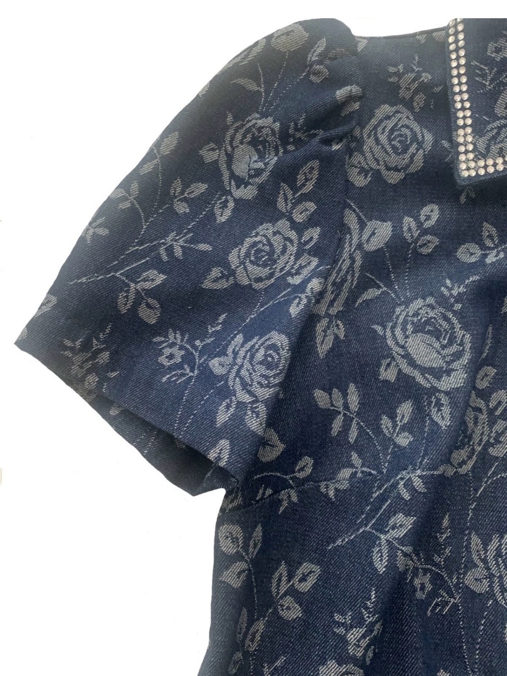 NEW Womens Size 4 Eliza J Floral Rhinestone-Trim Collared Denim Shirtdress $158 - Picture 7 of 13